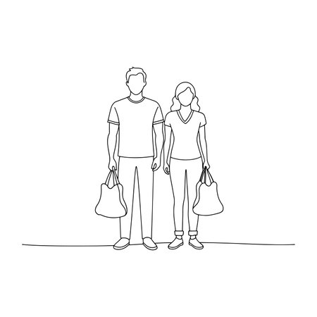Two individuals are holding plastic bags, standing side by side in a casual setting Hand drawn Continuous line art flat vector illustration on white backgroundのイラスト素材