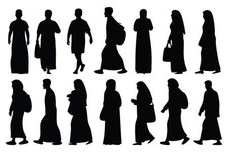 Muslim man woman silhouettes set isolated flat vector illustration on white backgroundのイラスト素材
