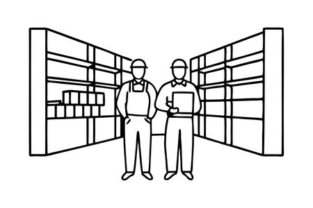 Two men in work attire standing inside a warehouse, surrounded by shelves and storage equipment continuous line artのイラスト素材