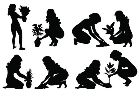 Woman planting silhouettes set isolated flat vector illustration on white backgroundのイラスト素材