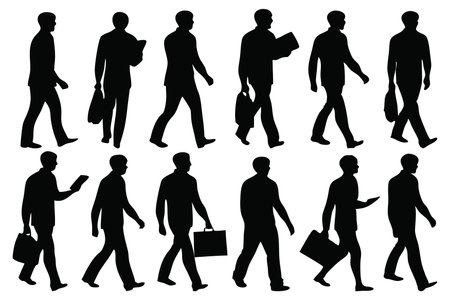 Business man walking silhouettes set isolated flat vector illustration on white backgroundのイラスト素材
