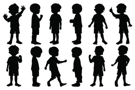 Boy standing silhouettes set isolated flat vector illustration on white backgroundのイラスト素材