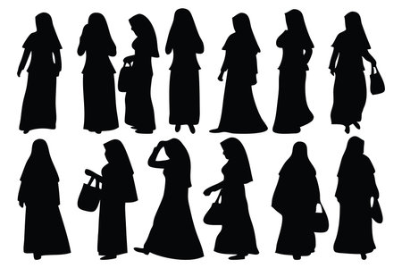 Muslim hijab woman female silhouettes set isolated flat vector illustration on white backgroundのイラスト素材