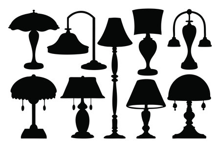 Vintage table lamps silhouettes set isolated flat vector illustration on white backgroundのイラスト素材