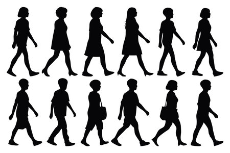 People walking along silhouettes set isolated flat vector illustration on white backgroundのイラスト素材