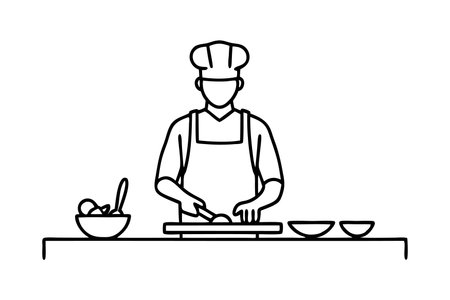 Chef skillfully preparing food in a minimalist style line art flat vector illustrationのイラスト素材