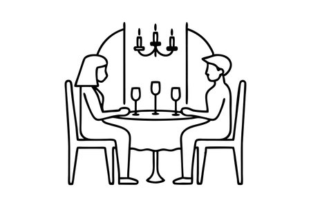 Couple enjoying a romantic dinner at a restaurant line art flat vector illustrationのイラスト素材