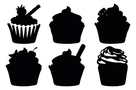 Cupcakes silhouettes set isolated flat vector illustration on white backgroundのイラスト素材