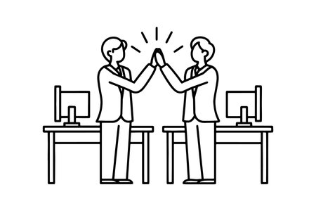Asian business colleagues applauding each other in an office line art flat vector illustrationのイラスト素材