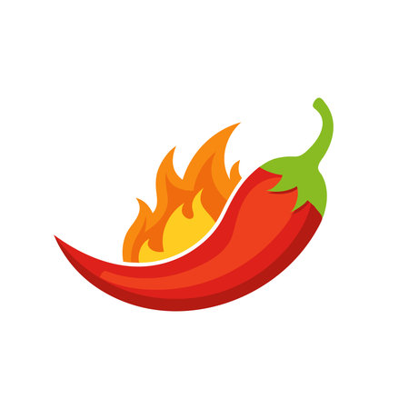 Hot chili with fire flat vector illustration on white backgroundのイラスト素材