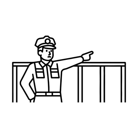 Man dressed in uniform gestures with his finger, indicating something of interest in front of him. line art flat vector illustrationのイラスト素材