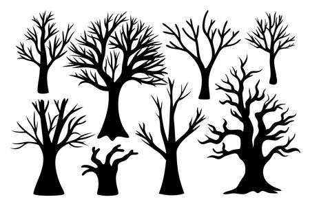 Forest trees without leaves. silhouettes set Vector illustration on white backgroundのイラスト素材