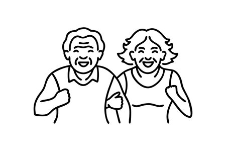 Happy elderly couple, people running Continuous line art flat vector illustrationのイラスト素材