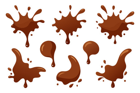 Liquid chocolate splashes isolated flat vector set illustration white backgroundのイラスト素材