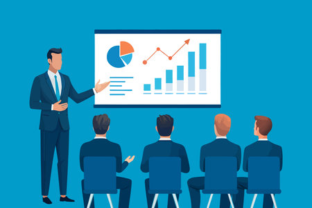 Man in a suit presents to a group of attentive business professionals in a conference room flat vector illustrationのイラスト素材