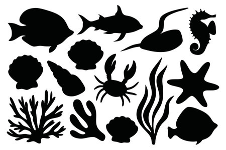 Sea life silhouettes set Vector illustration on white backgroundのイラスト素材