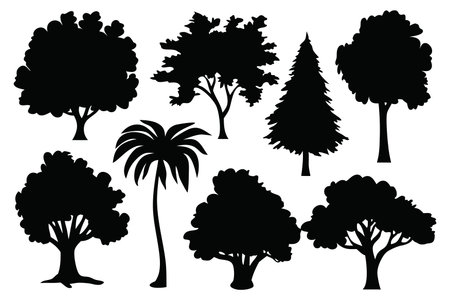 Various Trees silhouettes set isolated flat vector illustration on white backgroundのイラスト素材