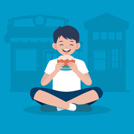 Young boy sits in the grass, happily eating a sandwich with a smile on his face. flat vector illustrationのイラスト素材