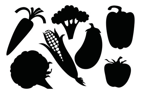 Vegetable food silhouettes set Vector illustration on white backgroundのイラスト素材