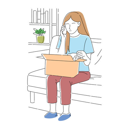 Woman sitting on the stairs and packing a box. Vector illustration.のイラスト素材