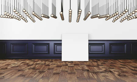 simple modern interior with box sofa lamp and empty posterの写真素材