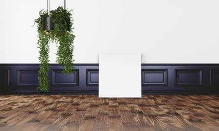 simple modern interior with box sofa lamp and empty posterの写真素材
