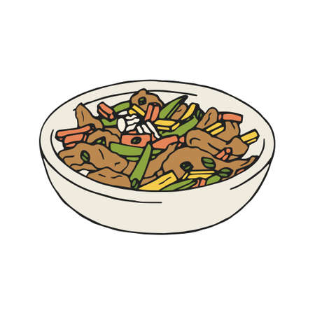 Vintage illustration of stir fry chicken, sweet peppers and green beans. Isolated on white background.のイラスト素材