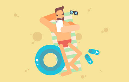 Man lying on the beach with smartphoneのイラスト素材