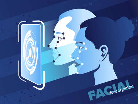 Smartphone scans a person face. Biometric identification. Facial recognition system concept. Mobile app for face recognition. Isometric flat vector illustrationのイラスト素材