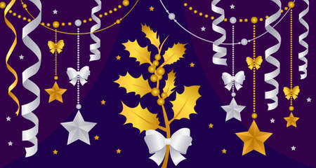 Gold Christmas decorations on a purple background. New year gold decorations with garlands. Vector illustrationのイラスト素材