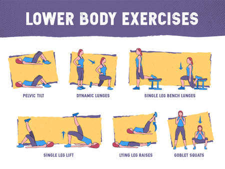 This colourful illustration demonstrates in detail how to execute correctly lower body exercisesのイラスト素材
