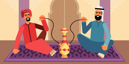 This illustration shows two Arab men in traditional Middle Eastern clothes, they are sitting on the carpet and smoking hookahのイラスト素材