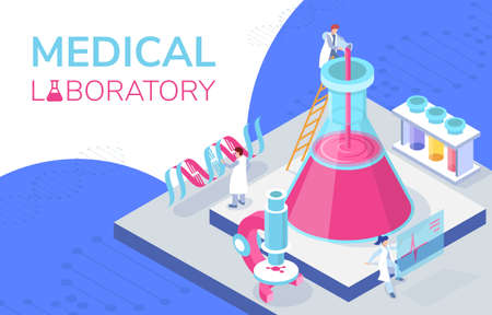 This isometric illustration depicts a medical laboratory in which medical workers work, next to them is a microscope, laboratory flasks, DNA structure and other laboratory equipmentのイラスト素材