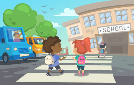 This illustration shows children with school bags who are returning to schoolのイラスト素材
