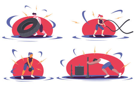 This illustration shows people working out and doing different crossfit exercises with different equipmentのイラスト素材