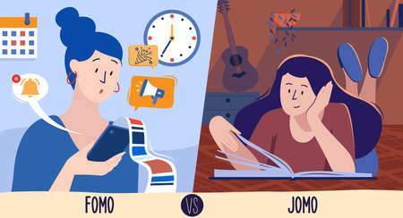 Vector illustration of fomo vs jomo, two conditions in which a person can resideのイラスト素材