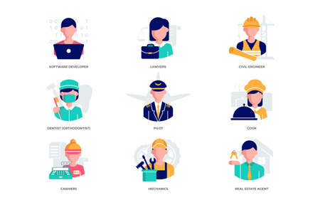 Set of flat design icons depict Software developer, Lawyers, Civil engineer, Dentist orthodontist ,...