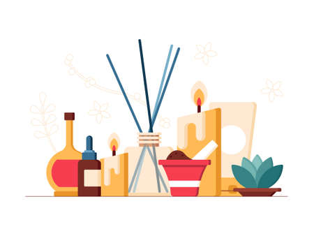 This colorful illustration depicts scented candles and sticks, essential oils and other cosmeticsのイラスト素材