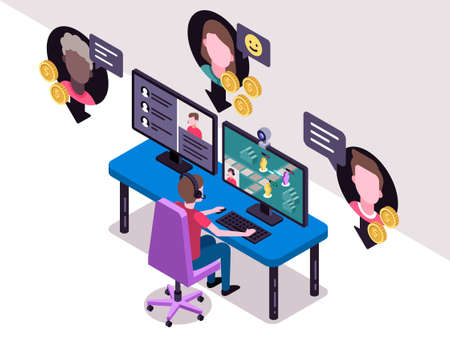 Isometric vector illustration of a streamer playing a video gameのイラスト素材