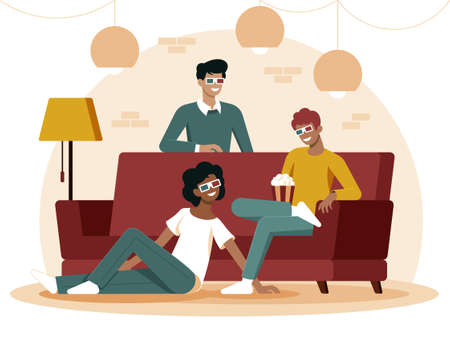 Colourful flat illustration of best friends sitting on the couch eating popcornのイラスト素材