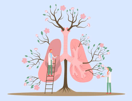 Vector illustration an abstract human lungs, fun tiny humans help it be healthy and vibrantのイラスト素材