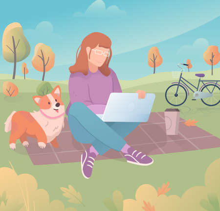 Freelancer work illustrations in flat vector, young woman working in the park while walking her cute petのイラスト素材