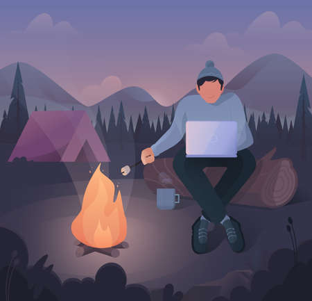 Freelancer work illustrations in flat vector, a young man who works and at the same time relaxes in nature by the fireのイラスト素材