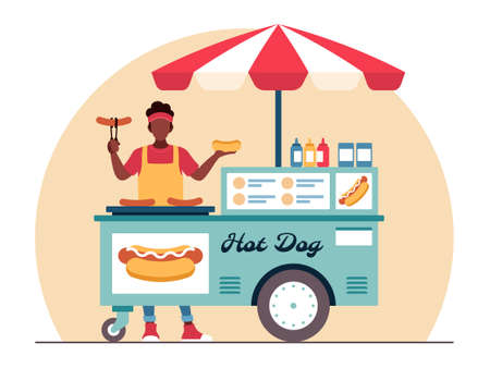 Street food illustration in flat vector and sells delicious hot dogsのイラスト素材