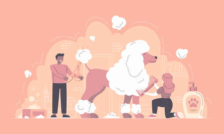 Pet grooming flat vector illustration shows funny professional dogのイラスト素材