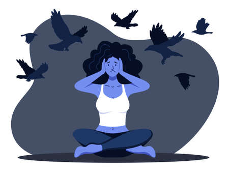 Girl in depression flat vector illustration and black crows flying around herのイラスト素材