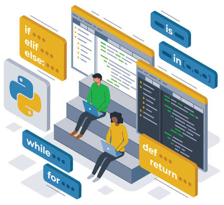 Python programming language isometric illustration building a program