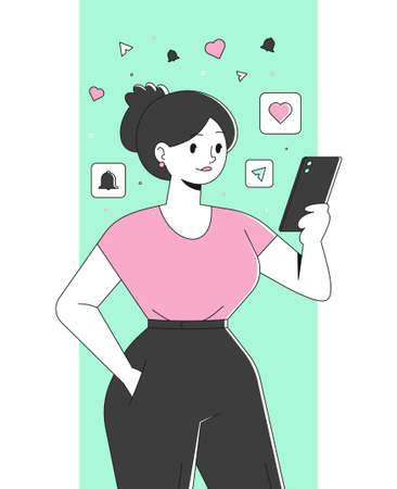 Girl with a smartphone lineart vector illustrationのイラスト素材
