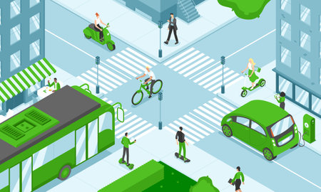 City eco transport, isometric illustration electric scooter, electric carsのイラスト素材