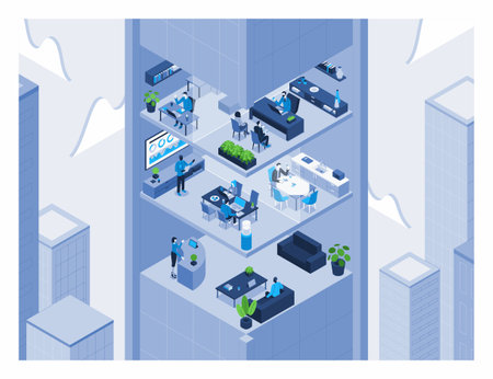 Isometric office life interior concept. 3d office with workers, furniture and equipment. Vector illustration.のイラスト素材